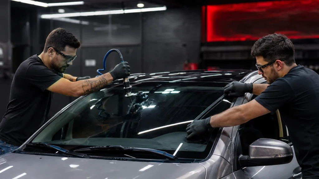 Reparo de para-brisa em Sorocaba realizado por profissionais no Grupo Ava Sorocaba, com aplicação técnica em vidro automotivo de carro prata.