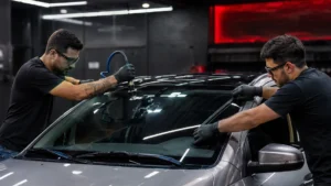 Reparo de para-brisa em Sorocaba realizado por profissionais no Grupo Ava Sorocaba, com aplicação técnica em vidro automotivo de carro prata.
